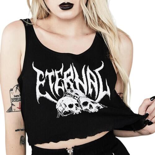 Sexy Punk Goth Crop Tops Women’s Summer Skull Print Vest Top Black White Fashion Round Neck Sleeveless Slim Tank Top Mujer