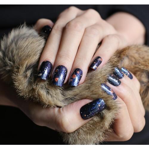 Square fasle nails 24pcs full sets Outer space feeling BLUE Artistic nails Orange Graffiti glitter irregular