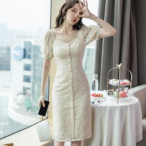 New Arrival Fashion Summer Party Club Midi Dress Ladies Vintage Sexy Square Collar Puff Sleeve Embroidery Lace Pearl Split Dress
