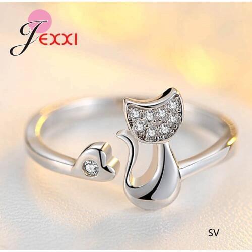 Original Design Fashion Cute Cats With Heart Shaped Crystals Opening Rings Jewelry Best Birthday Gifts For Women Girls