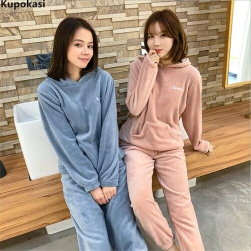 Kupokasi Cute Flannel Women Pajamas Sets Velvet 2 Pieces Sleepwear Suit Hoodies Sweatshirt Thick Warm Homewear Sleep Pants