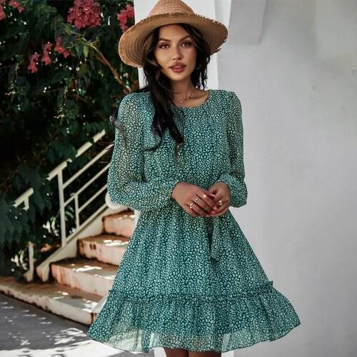 Elegant Women Print Puff Sleeve O-Neck Dress Spring Summer New Casual Loose Lace Up Sashes Ruffles Decor Mini Chiffon Vestidos