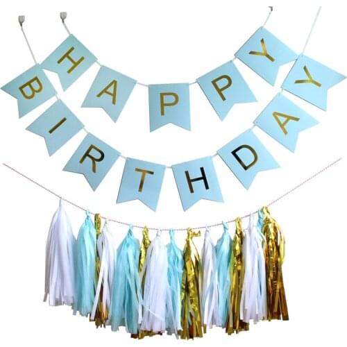 Photo Props Bunting Banner Garland with Gold Letters,Hanging Mixed 3 colors Tissue Paper Tassel Garland for Boys Girls Birthday