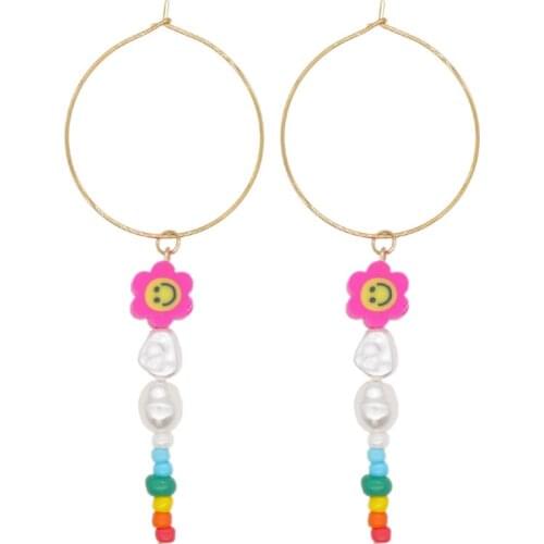 Go2Boho Smiley Face Earrings Drop Earring for Women Summer Beach Pearl Jewelry Stainless Steel Circle Dangle Long Earings
