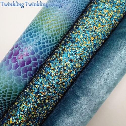 BLUE Glitter Fabric, Rainbow SnakeFaux Fabric, Velvet Fabric Sheets For Bow A4 21x29CM Twinkling Ming XM737