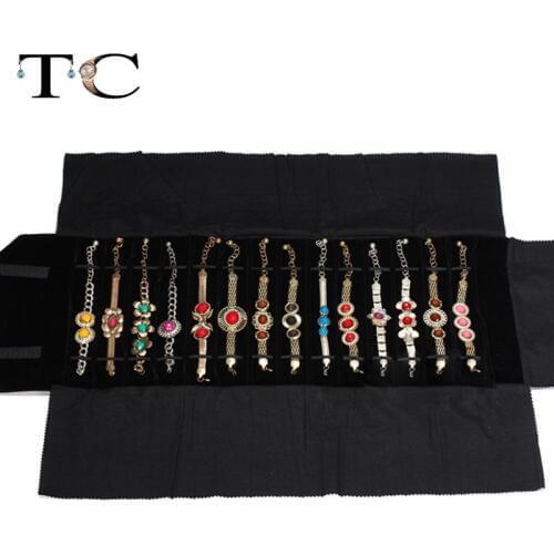 Portable Jewelry Roll Bag Watch Foldable Travel Storage Displays Hold 15 Black Velvet 76*30cm Organizer Bag For Necklace Watch
