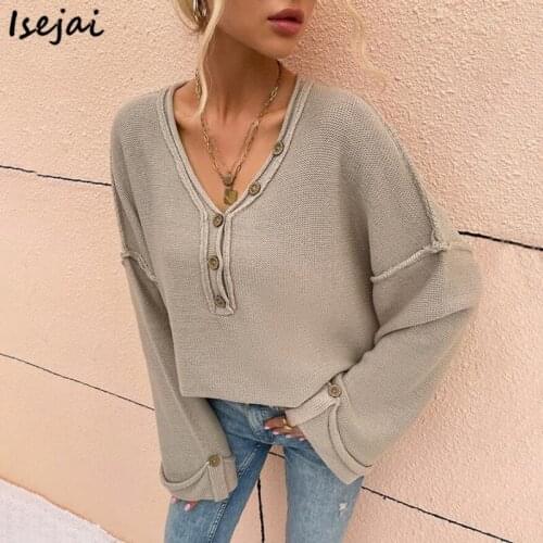 V-neck Square Armhole Button Pollvers and Sweaters Women Long Sleeve Loose Pullovers Woman Lazy Jumper New