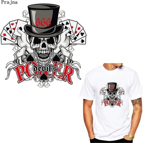 Prajna Poker Skull Heat Transfers Patches For Clothing Horror Movie Motorcycle Rock Style For Jackets Clothing Stickers Applique