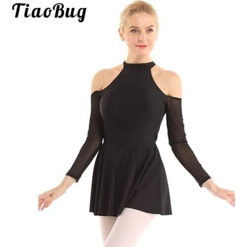 TiaoBug Women Cutout Off Shoulder Long Sleeves Mesh Splice Ballet Lyrical Dance Costumes Gymnastics Leotard Figure Skating Dress