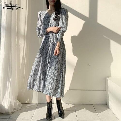 All-Match 2021 Autumn Hot Stylish V-Neck Brief Casual Loose Long Dress 3 Colors Print Floral Pleated Slimming Women Dresses 9968