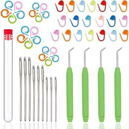 LMDZ Knitting Loom Hook with Needle Loom Pick Steel Large-Eye Sewing Needles, Knitting Stitch Markers, for Knifty Knitter