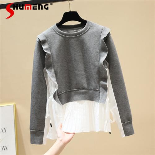 2021 Spring and Autumn Ruffled Mesh Stitching Ruffle Hoodies Women Round Neck Long Sleeve Lace-up Bow Fake Two-Piece Top Female
