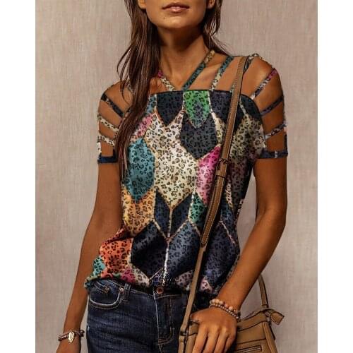 2021 Sexy Off Shoulder Leopard Blouse Spring O-Neck Loose Shirt Women Summer Hollow Out Pullover Long Sleeve Skull Head Tops