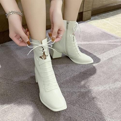 Women Ankle Boots PU Leather Cross-tied Shoes Winter Elegant Square Heel Zipper Short Boots Female Fashion Footwear 2021