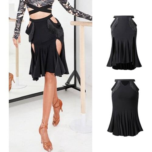 Latin Dance Costume Women Black Skirt Spit Sexy Fringe Tango Dance Skirt Samba Rumba Performance Clothing Latin Skirt DNV15237