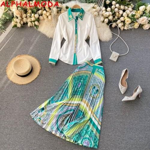 ALPHALMODA 2021 Spring New Womens Shirt + High Waist Pleated Skirt 2pcs Vintage Suit Single Breasted Shirts Elegant Skirt Suit