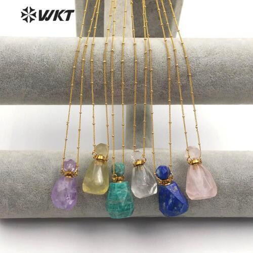 WT-N1162 Perfume Bottle Natural Stone Necklace Gem stone Smokey With Gold Electroplated Ball Bead Chain Necklace Fashion Jewelry