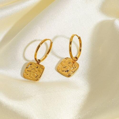 18K Gold Plated 316L Stainless Steel Hoop Earrings For Women Square Embossed Pendant Earrings Jewelry