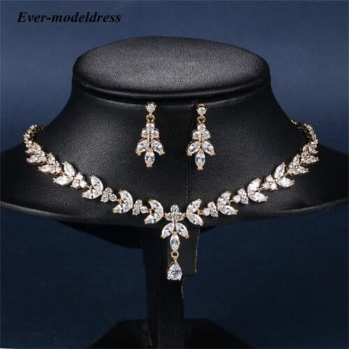 2 PCS Wedding Bridal Jewelry Sets Western Cubic Zirconia Leaves-Shaped CZ Party Prom Necklace And Earrings Sets for Bridesmaid