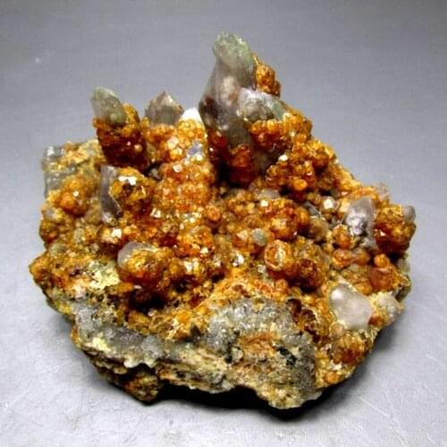 317g/95mm Spessartine Garnet+Smoky Quartz Cluster on Matrix - crystals and stones healing Mineral specimen Home Decor feng shui