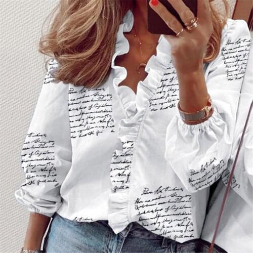 Ruffle Blouses Womens Summer V-neck Long Sleeve Solid Letter Print Casual Tops Blouses Sexy Elegant Loose Tops Tunic Blouse