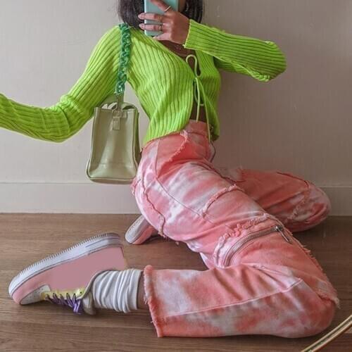 2020 Autumn Tie Dye Trousers Women Casual Style Fashion Y2K Streetwear Outfits Big Pockets Straight Cargo Pants