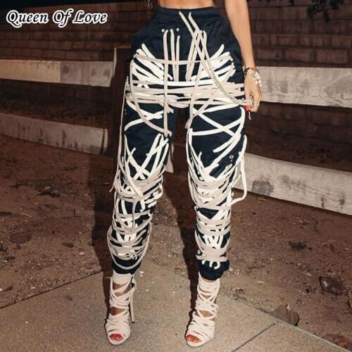 2020 Autumn Winter Elastic Drawstring Cross Bandage High Waist Lace Up Pant Women Streetwear Female Colorful Trousers Trackpants