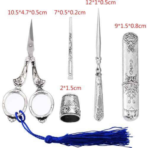 Mayitr 5PCs/Set European Vintage Retro Antique Sewing Tailor Silver Embroidery Sewing Scissors Thimble Needle Case Awl Threader