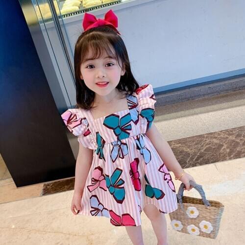 Toddler Kid Clothes Girls Dress Kids Big Bow Dress Summer Girl Sweet Print Princess 1-5T Fashion Cotton Baby Children Clothing