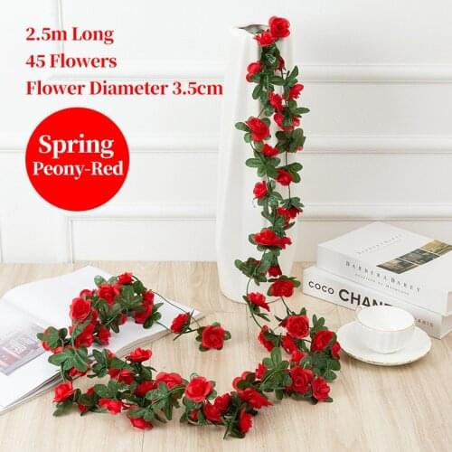 2.5M 45 Flower Heads Rose Artificial Flower Christmas Garland for Wedding Home Wall Decoration Garden Arch DIY Fake Plant Vine
