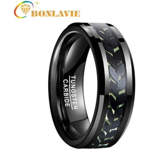 AAA Quality Mens Ring 8mm Tungsten Carbide Ring Black Leaves Green Carbon Fiber Tungsten Steel Ring Polished Finish