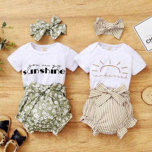 Summer Fashion Baby Girl Clothes Flare Sleeve Letter Pattern Romper Tops+Flower Shorts+Headband Outfits Clothes 3pcs Outfits