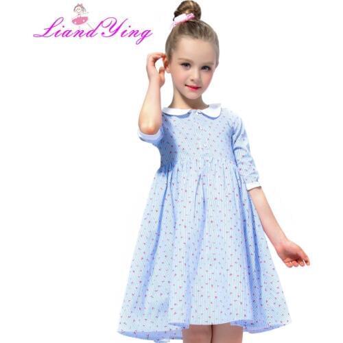 Blue Stripe Summer Clothes Girls Dresses Half Sleeve Girls Costume Children Clothing Floral Print Cotton Soft Preppy Style Dress