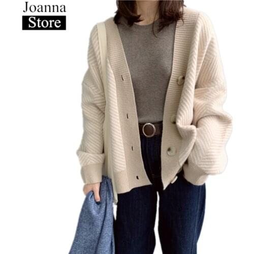 Spring New Knitted Stripe Short Jacket Women V-Neck Long Sleeve Button Vintage Loose Sweater Coats Casual Wild Plus Size Clothes