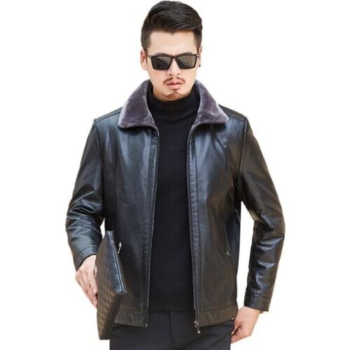 2020 New Mens Leather Jacket Winter Plus Fat Size Leather Jacket Plus Velvet Fur Lapel Turn-down Collar Middle-aged Coat