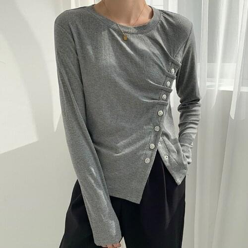 2021 Autumn T-shirt Women Gray Slim O Neck Cotton Tee Shirt Femme Long Sleeve Top Solid All-match Korea Style Casual Woman Tops