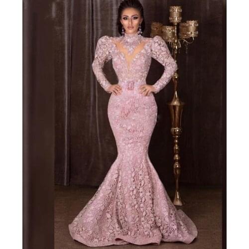 High Neck Long Sleeves Mermaid Prom Dresses Full Lace Evening Dress Abendkleid Formal Gowns Vestidos de gala