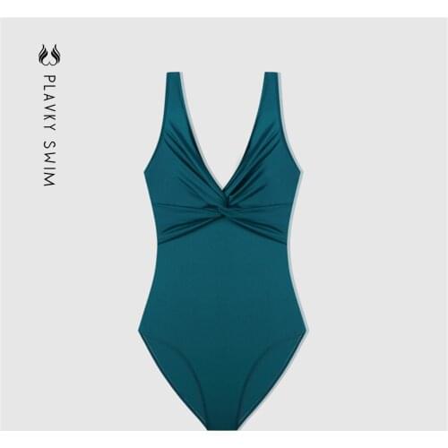 Luxury Deep Green Front Twist Knot One Piece Swimsuit Women Sexy V Neck Swimwear Backless Swim Bath Suit 2021 Monokini Bodysuit