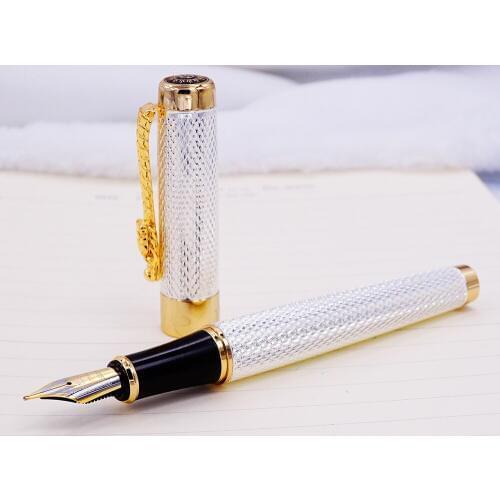 Jinhao 1200 Vintage Luxurious Fountain Pen Beautiful Ripple with Dragon Clip, Noble Silver Metal Carving Ink Pens Collection