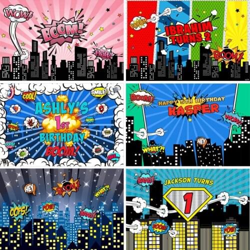 Sensfun Superhero Theme Boys Birthday Party Photography Backdrop Cartoon Comics Night Buildings Backgrounds Custom Photo Studio