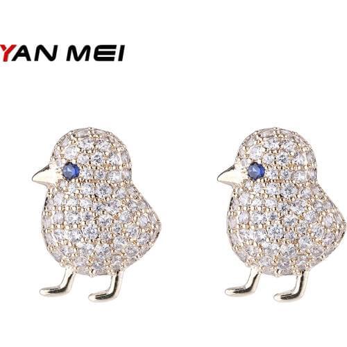 YANMEI Crystal Walking Chicken Stud Earrings For Women CZ Animal Cute Earring Party Gifts Fashion Jewelry YME8022