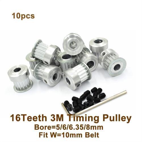POWGE 10pcs 16 Teeth 3M Timing Pulley Bore 5/6/6.35/8mm Fit Width 10mm 3M Belt 16T 16Teeth HTD3M Pulley CNC Engraving Machine