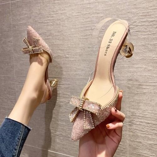 Womens Elegant Crystal Butterfly-knot Shallow Wedding Shoes Korean Fashion Women Pumps Solid Flock Pointed Toe High Heels Shoes