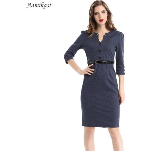 Women Dresses Fashion V-neck Three Quarter Sleeve With Belt Buckle Button Wear To Work Business Pencil Bodycon Party Dresses s