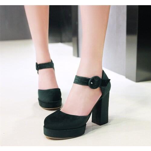 YMECHIC Ladys Spring Summer Mary Jane Chunky High Heels Shoes Flock Buckle Womens Green Black Pink Platform Pumps Big Size 2018