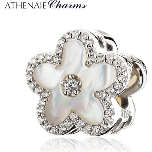 ATHENAIE 925 Sterling Silver Clear CZ Fritillaria Shell Peach Blossom Beads Charms Fit Bracelets For Women