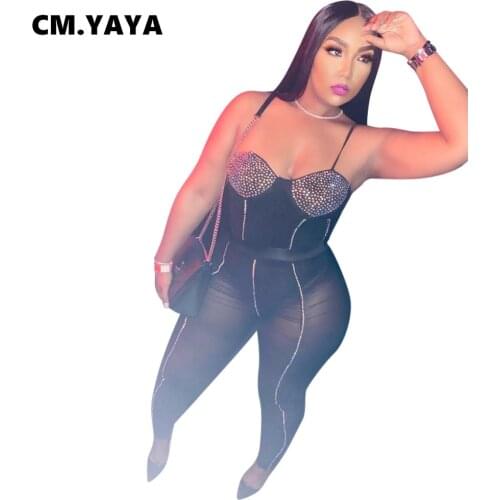 CM.YAYA Women Plus Size Set Mesh See-through Diamonds Sleeveless Strap Bodysuit Pencil Pants Two 2 Piece Sets Sexy Outfit Summer