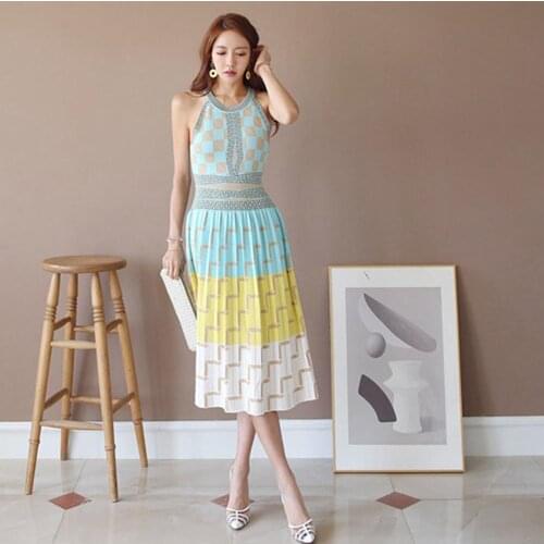 Knit Dress Sleeveless Stretch Women Bodycon Long Midi Dress Chic Color Block Patchwork Hanging O-neck Empire Waist Ladies Dress