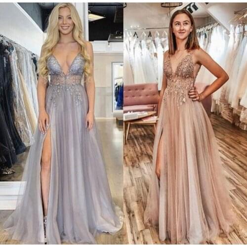 Sexy Deep V-Neck Beaded Tulle Prom Dresses A-Line Spaghetti Strap Backless LIight Grey Abendkleider Robes de Soirée for Women