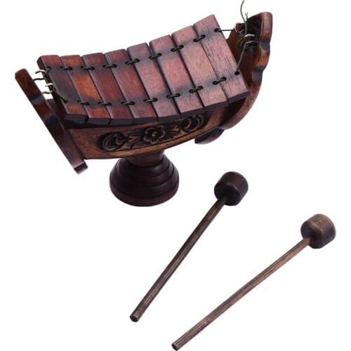 8 Notes Xylophone Teak Wood Thai Traditional Percussion Musical Instrument Art Craft Wooden Ornament Gift for Home with Mallets